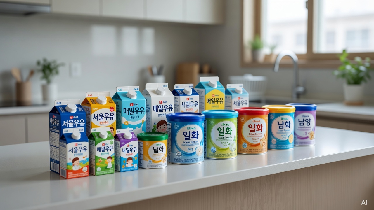 assorted milk cartons and baby formula cans arranged on a clean white kitchen counter