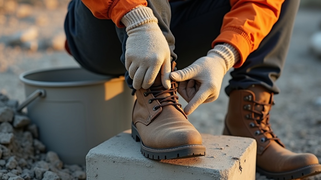 Construction worker putting on merino wool work socks at the jobsite