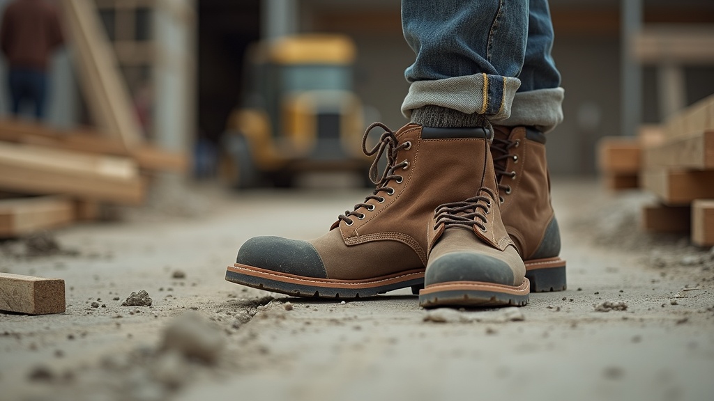 Construction worker wearing natural fiber work socks on a jobsite