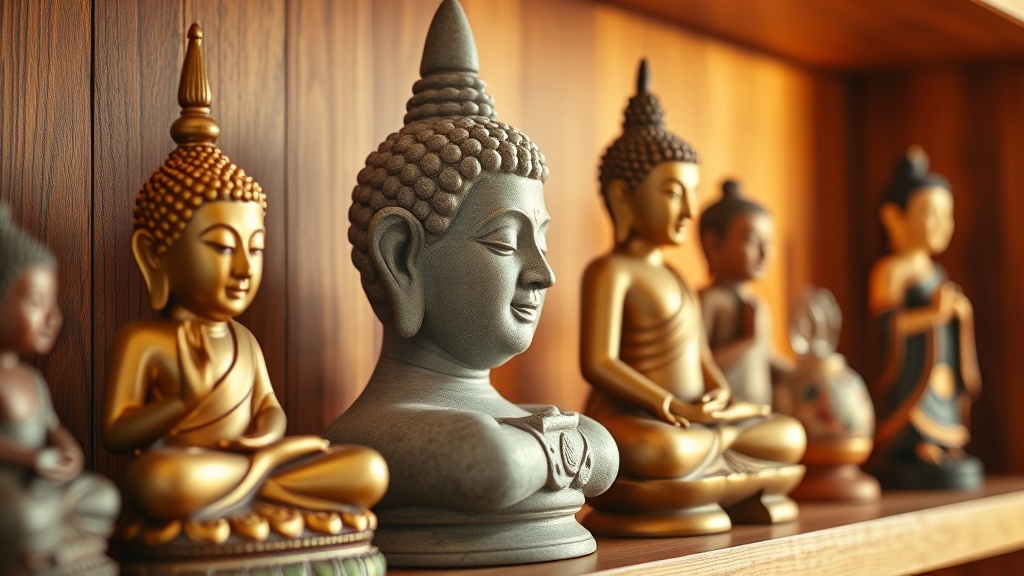 Trois statues de Bouddha de styles différents : thaïlandais doré, japonais en pierre et tibétain peint