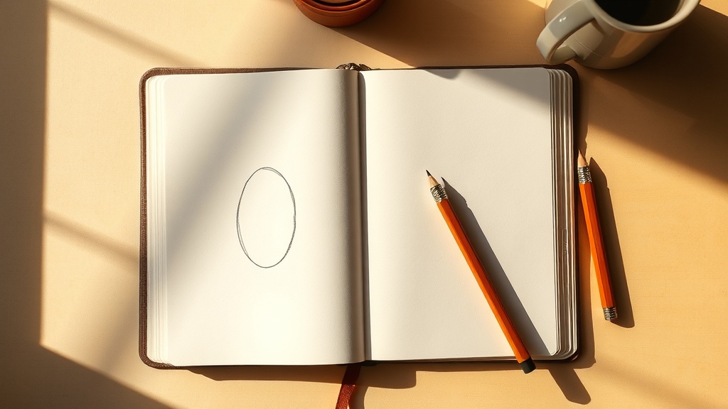 Sketchbook ouvert sur une page blanche avec un ovale tracé au crayon, première étape du dessin de Bouddha