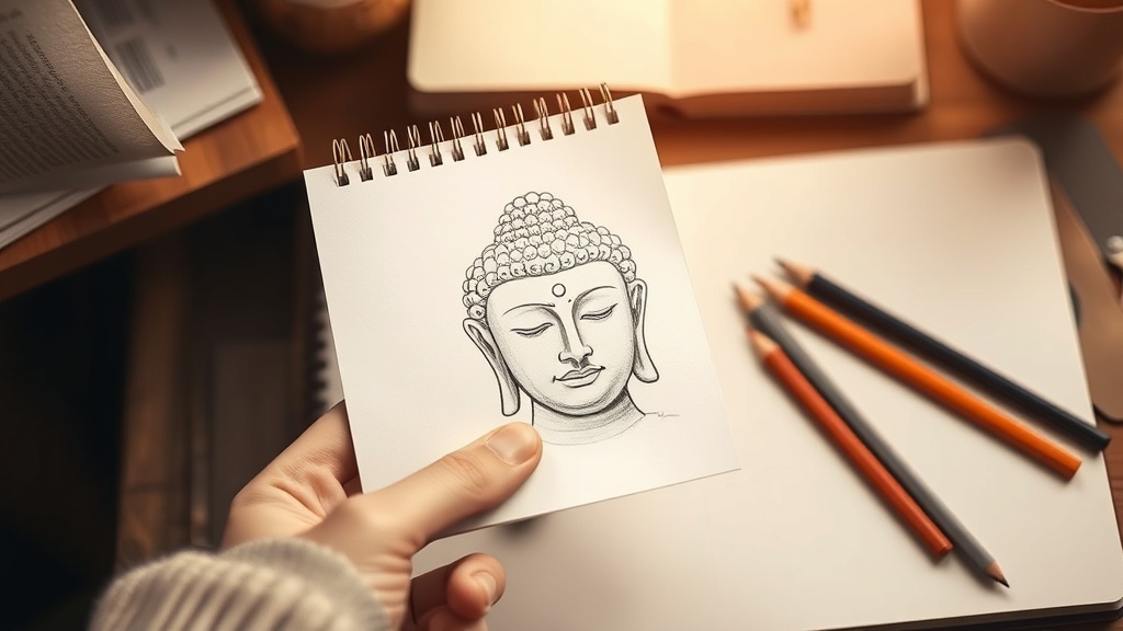 Dessin de Bouddha terminé et colorié tenu à la main, avec crayons de couleur posés sur un carnet de croquis