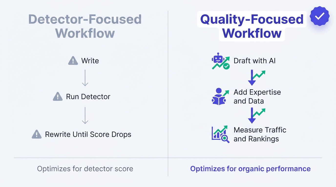 Infographic comparing detector-focused and quality-focused AI content workflows for Google rankings