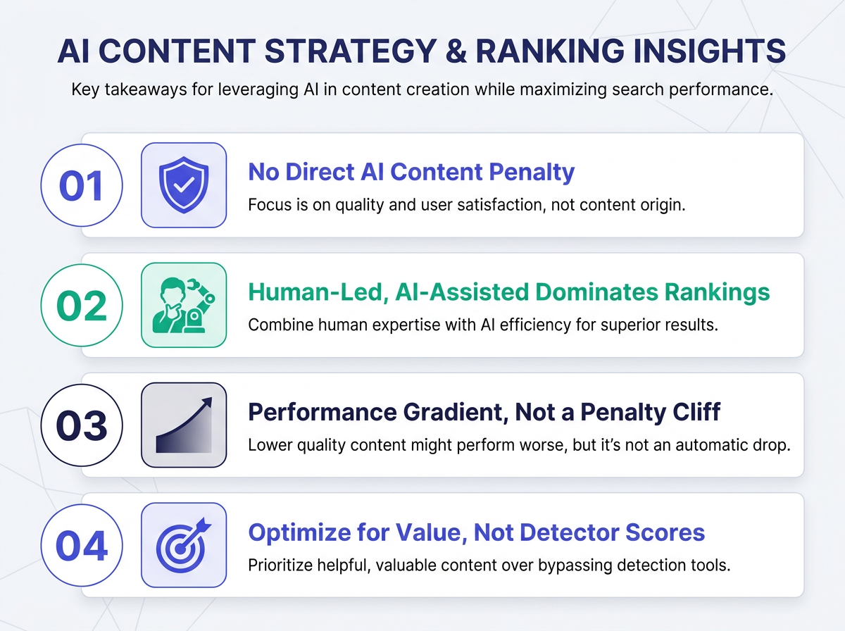 Four key takeaways about AI generated content Google rankings infographic
