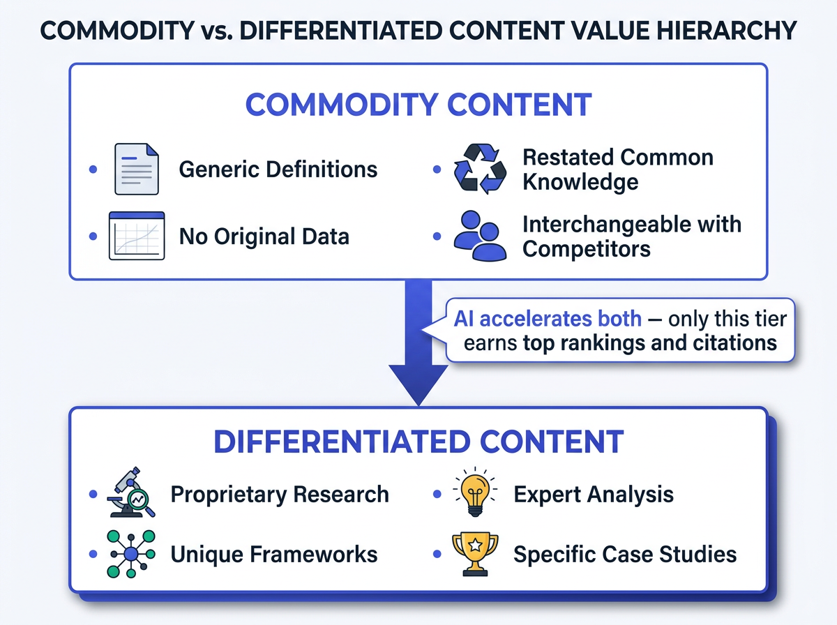Infographic comparing commodity content versus differentiated content for AI-assisted Google rankings