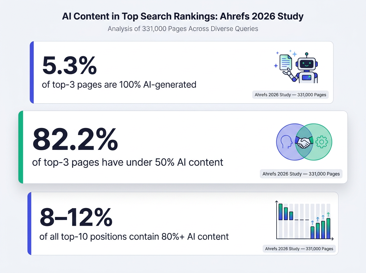 Infographic showing three AI content ranking statistics from Ahrefs 2026 study