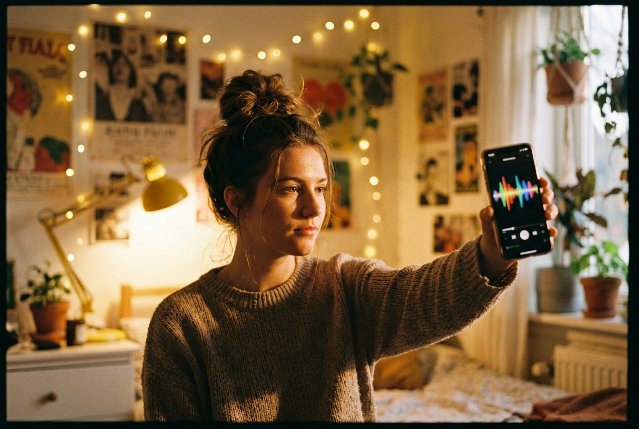 alt text: TikTok creator filming a video while a vintage doo-wop style waveform appears on their phone screen