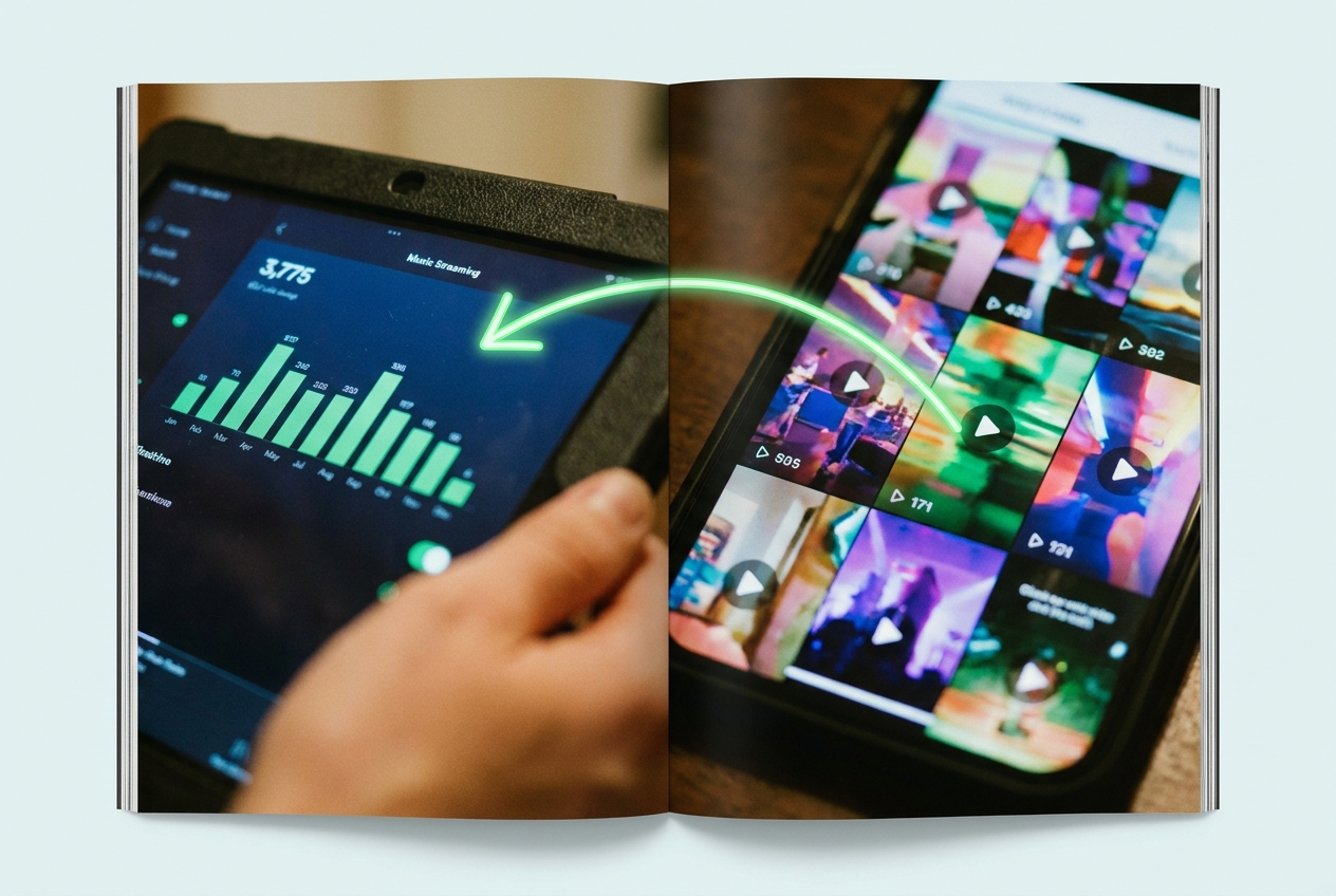 alt text: Split screen showing a music streaming chart on one side and a TikTok video feed on the other