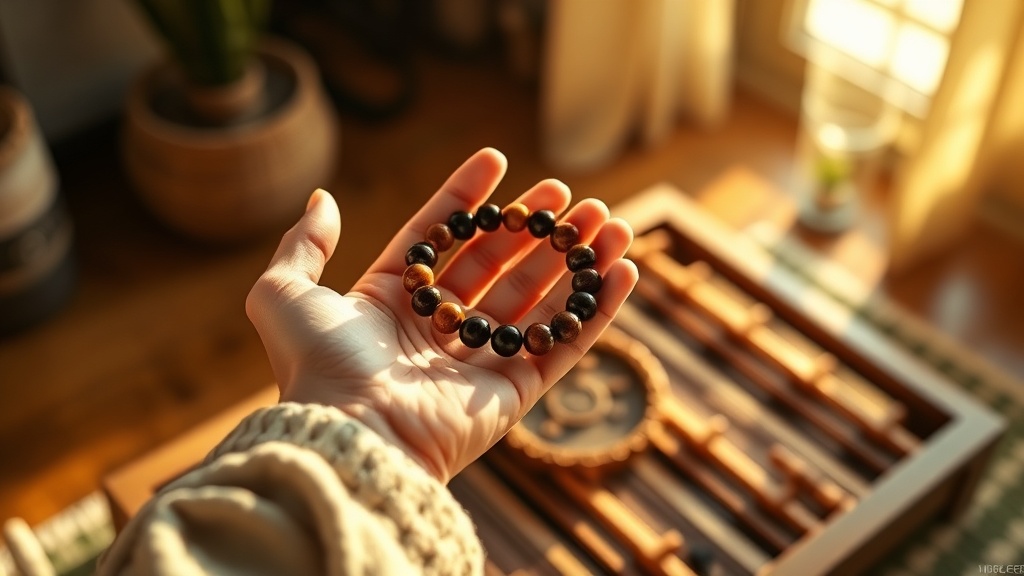 Bracelet en perles d'œil de tigre tenu dans des mains lors d'une session de méditation