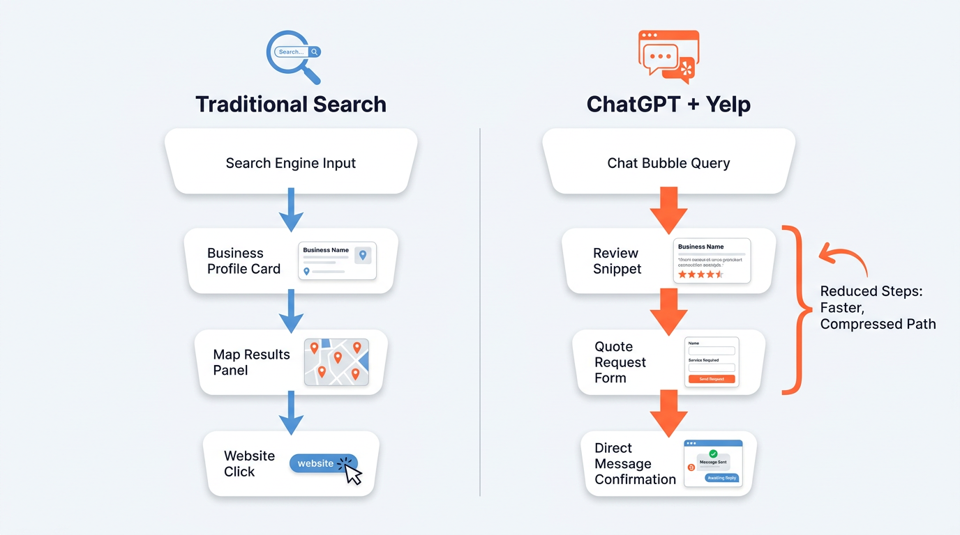 Flowchart comparing Google local search and ChatGPT Yelp discovery funnels step by step