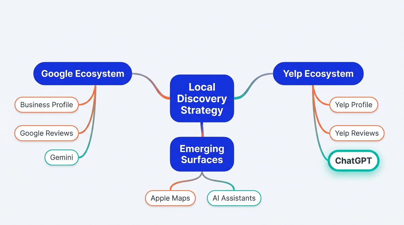 Mindmap diagram of local discovery strategy showing Google and Yelp ecosystems feeding AI assistants including ChatGPT