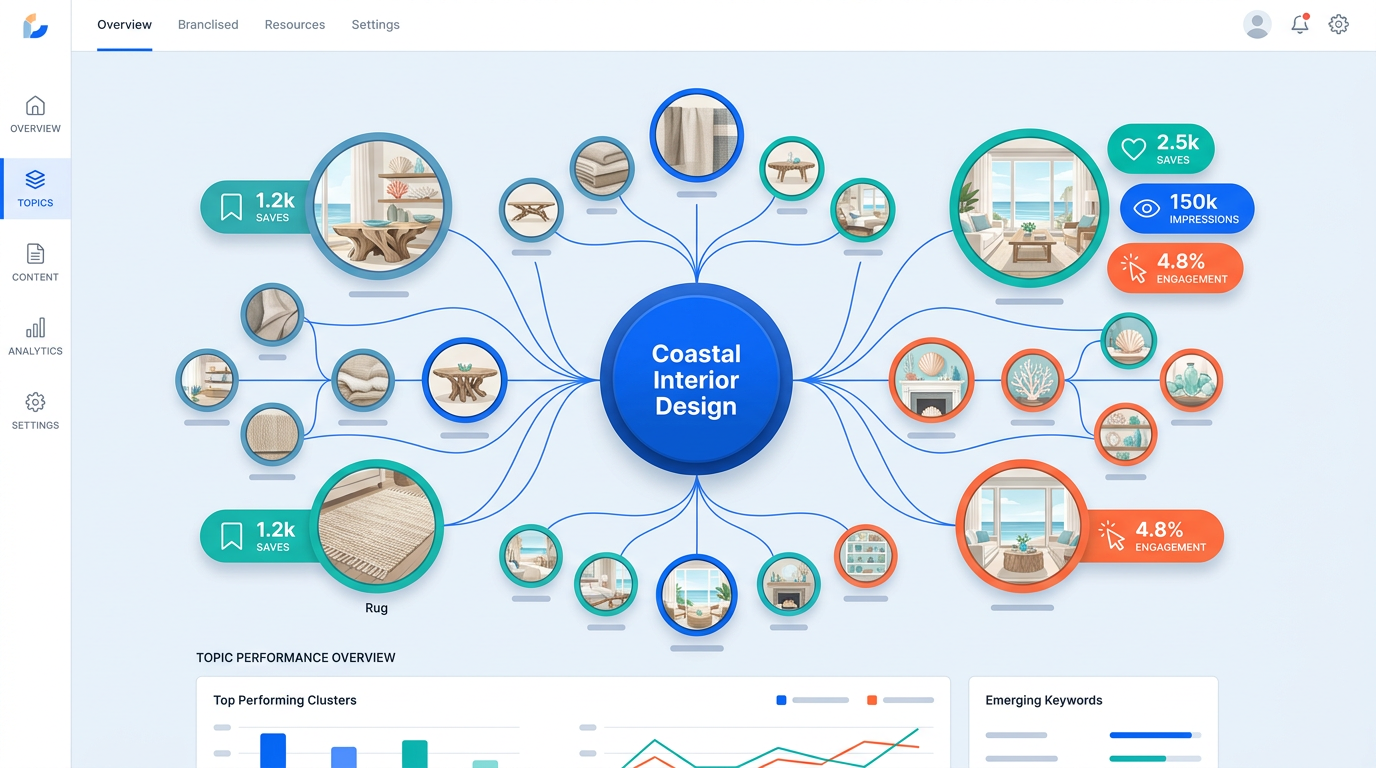 Topic cluster map showing coastal interior design image library for Google Images discovery feed SEO