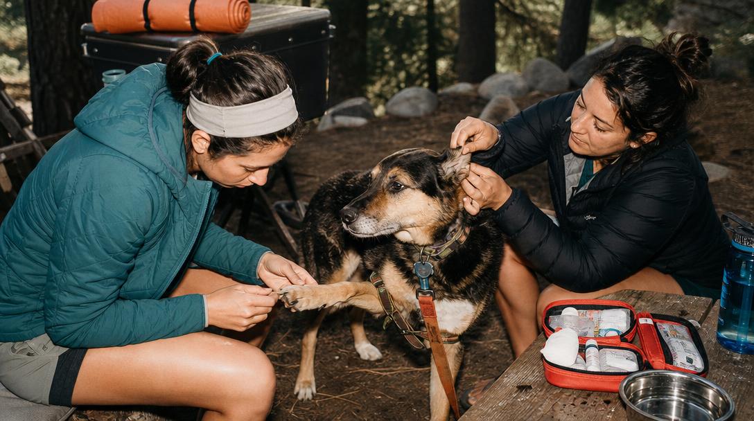 Dog drinking water on a hiking trail