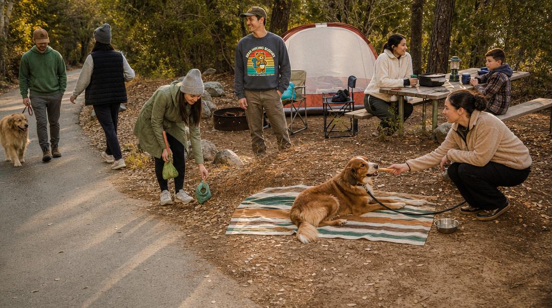 Various dog camping gear in different outdoor settings
