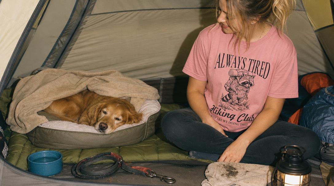 Dog camping gear packed and organized