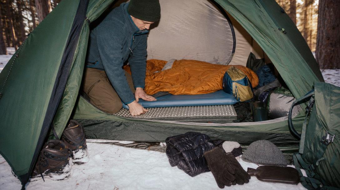 Beginners on a cold weather camping trip properly dressed