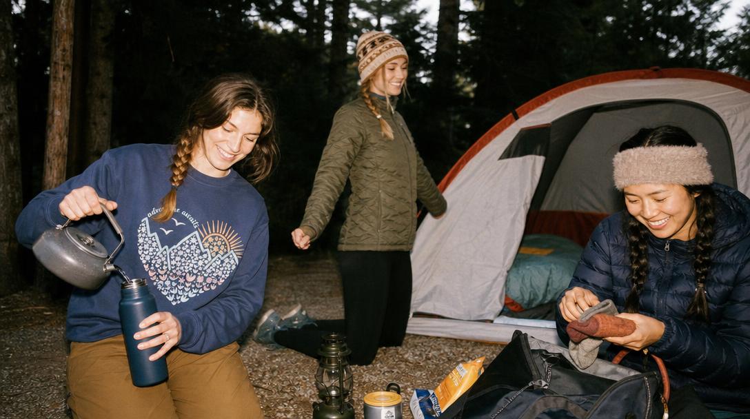 Winter camping sleeping setup including an insulated sleeping pad and warm quilt