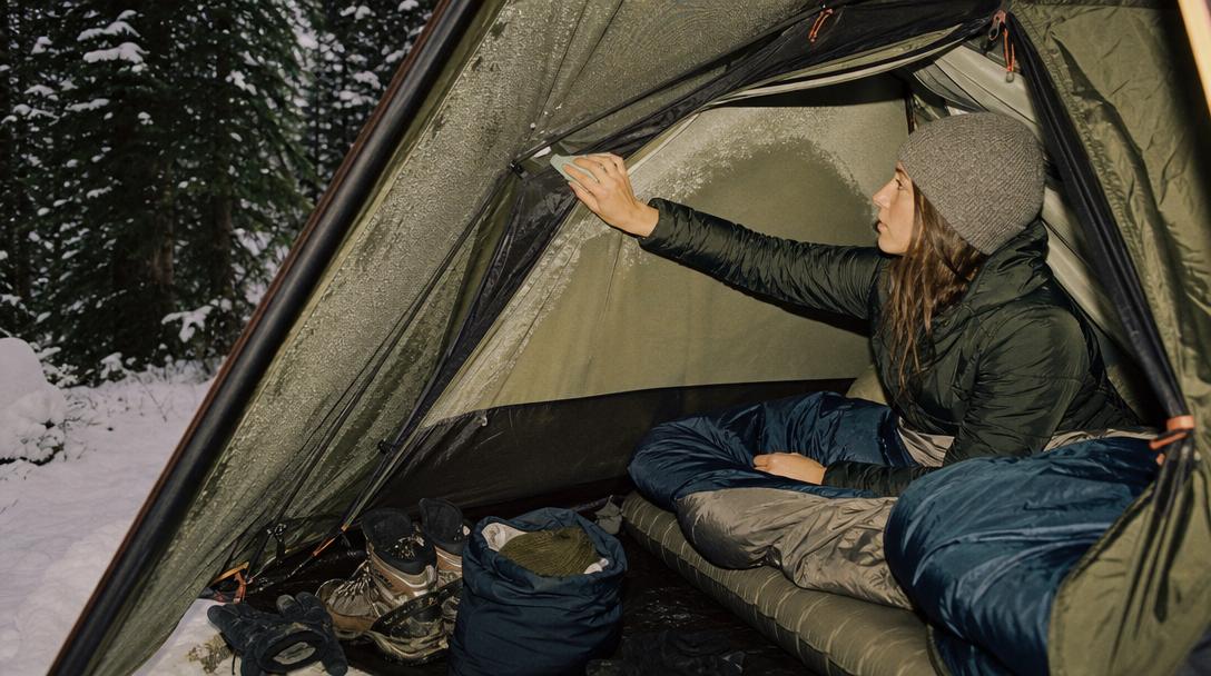 Cozy warm sleeping bag setup for cold weather camping