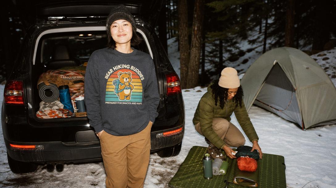 Snowy campsite with wind protection and flat ground