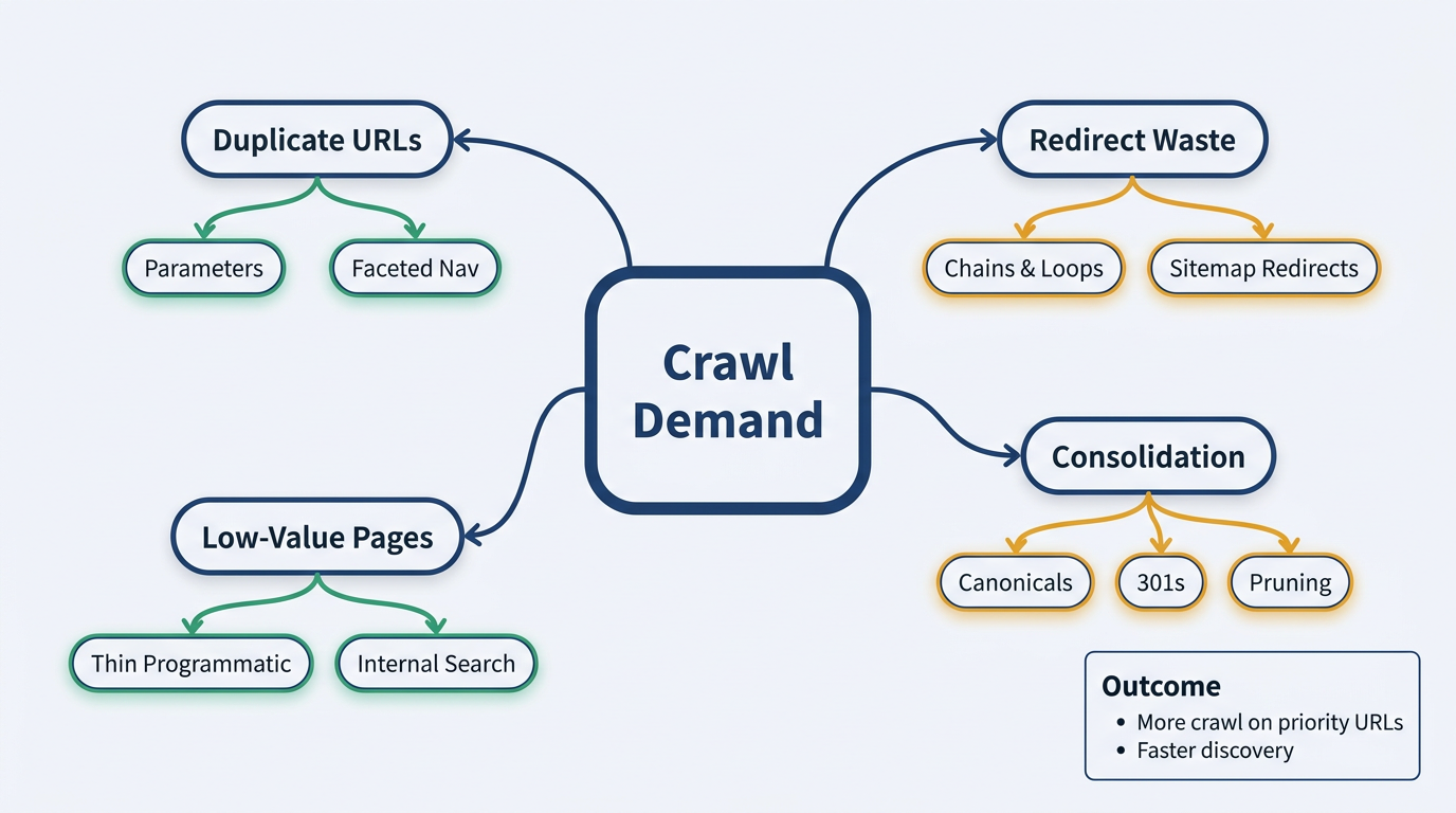 Mindmap diagram showing crawl demand branches including duplicate URLs, redirect waste, and low-value pages