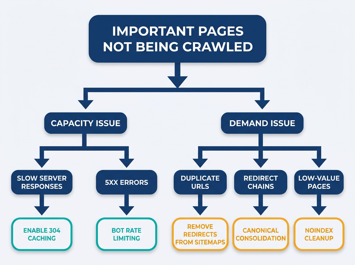 Flowchart troubleshooting google crawl budget update capacity vs demand issues