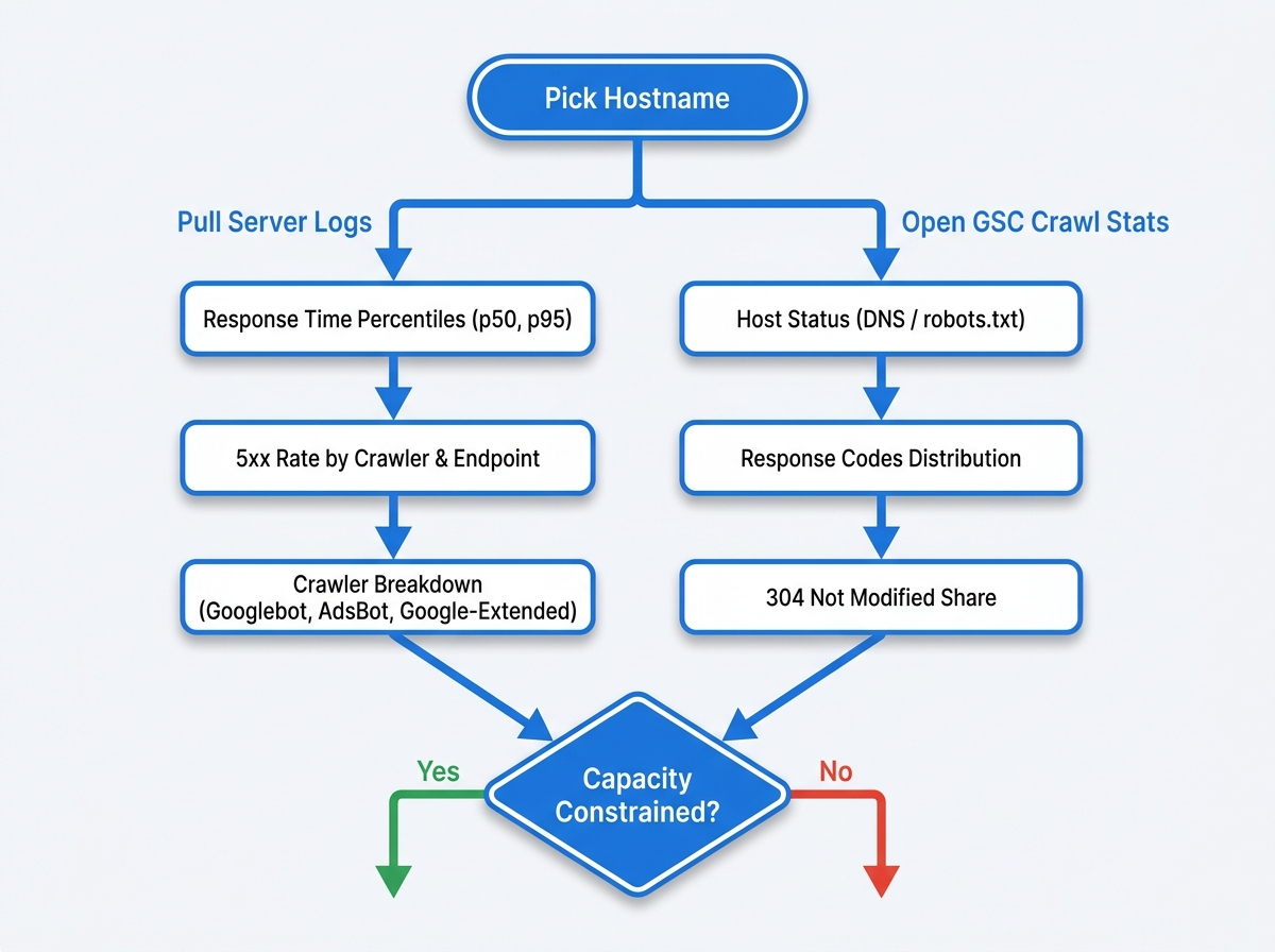 Crawl capacity audit flowchart showing server logs and GSC Crawl Stats diagnosis paths