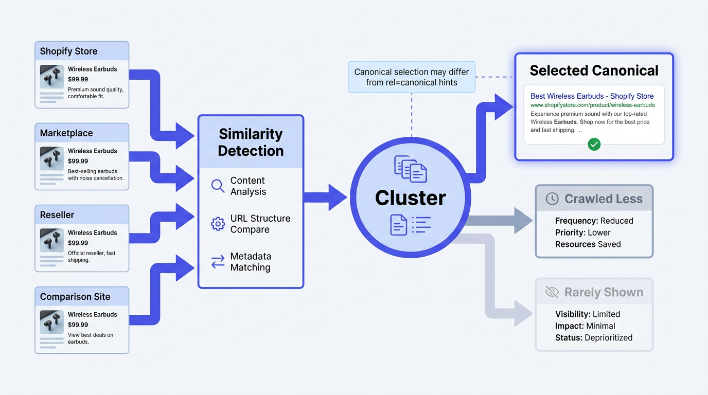 Google duplicate content clustering diagram showing canonical selection for Shopify product pages
