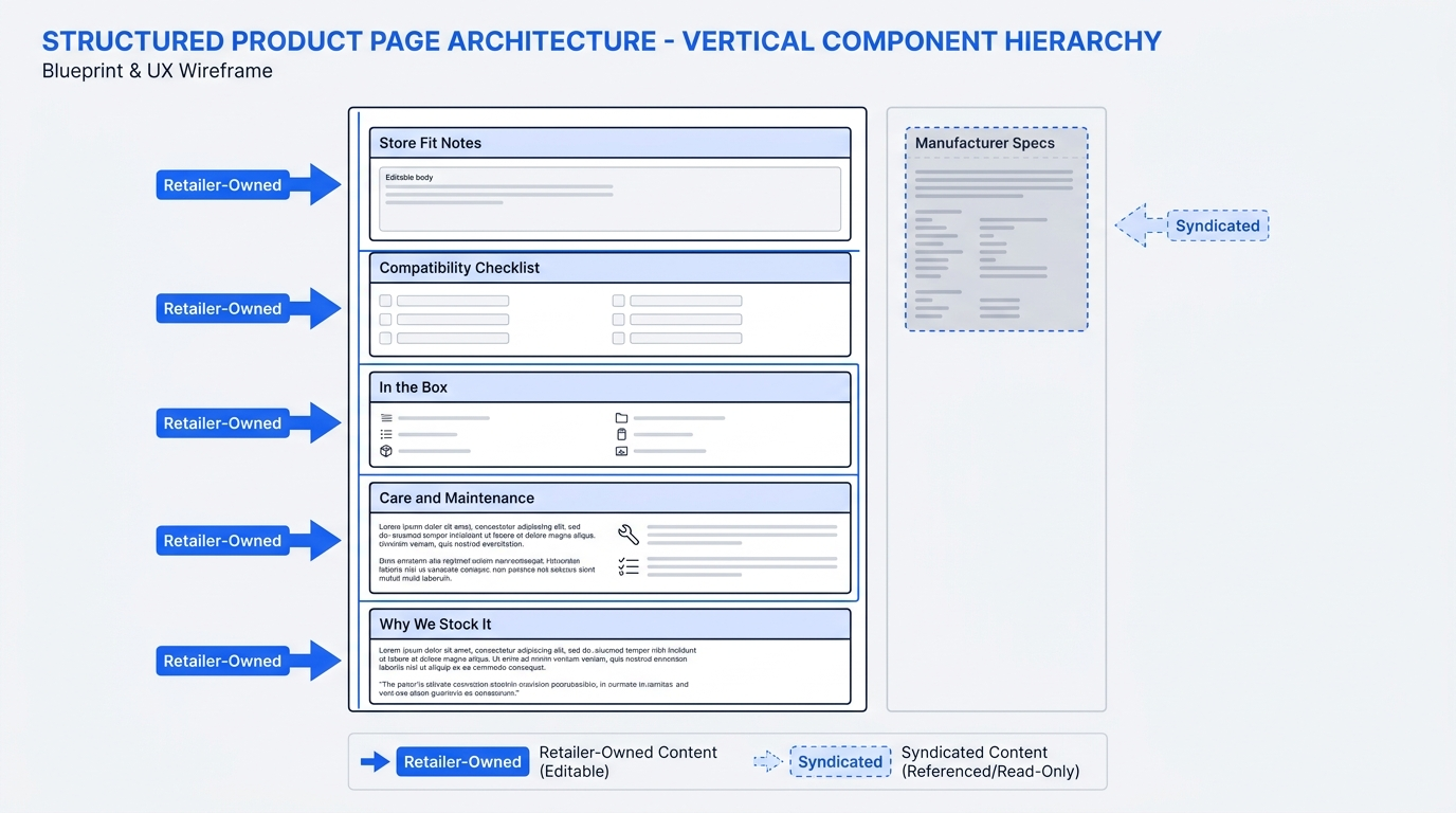 Architecture diagram of unique product page sections for duplicate content differentiation on Shopify