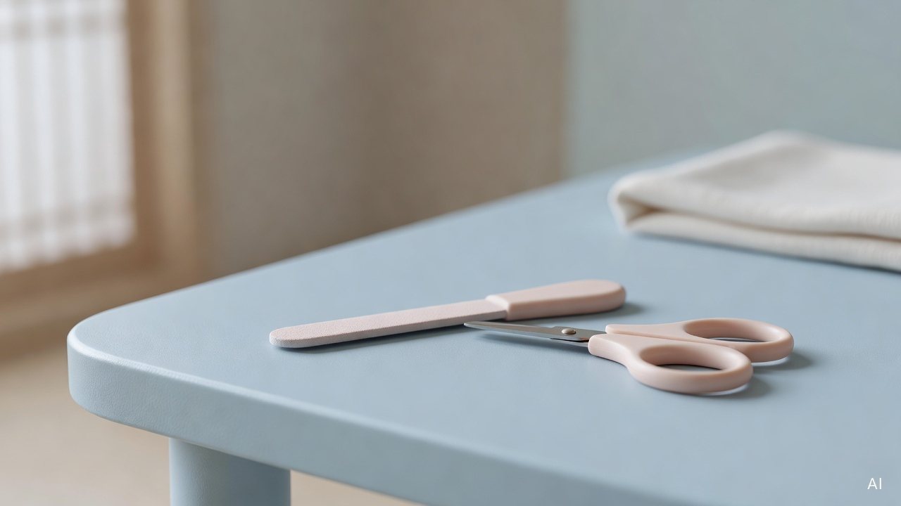 close-up of baby nail file and safety scissors on a light blue surface