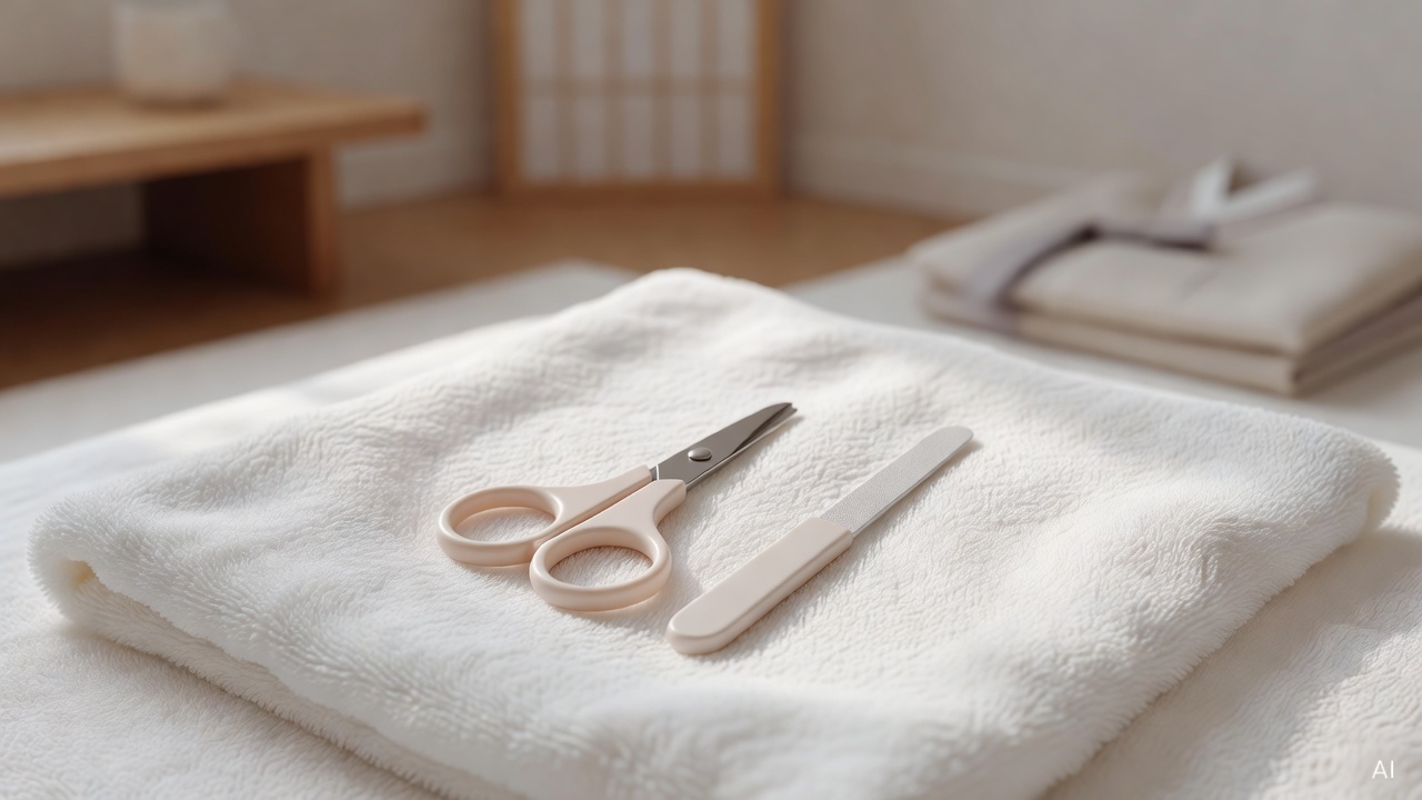 baby nail scissors and nail file placed on a soft white towel
