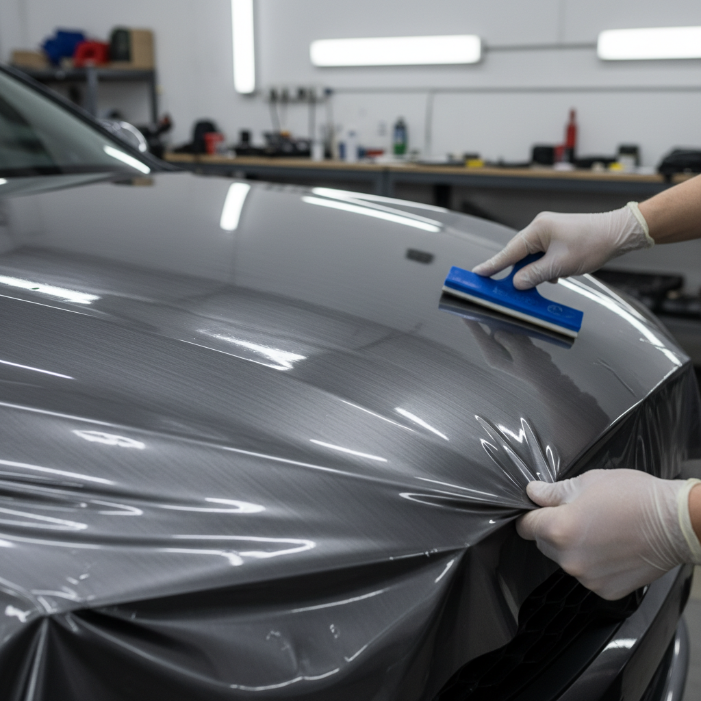 Professional installer applying vinyl wrap to a car hood with a squeegee, workshop setting