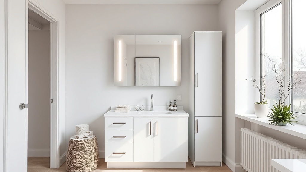 Modernes kleines Bad mit weißem Waschtisch, LED Spiegelschrank und hellen Fliesen als Beispiel für Spiegelschrank im Bad montieren.