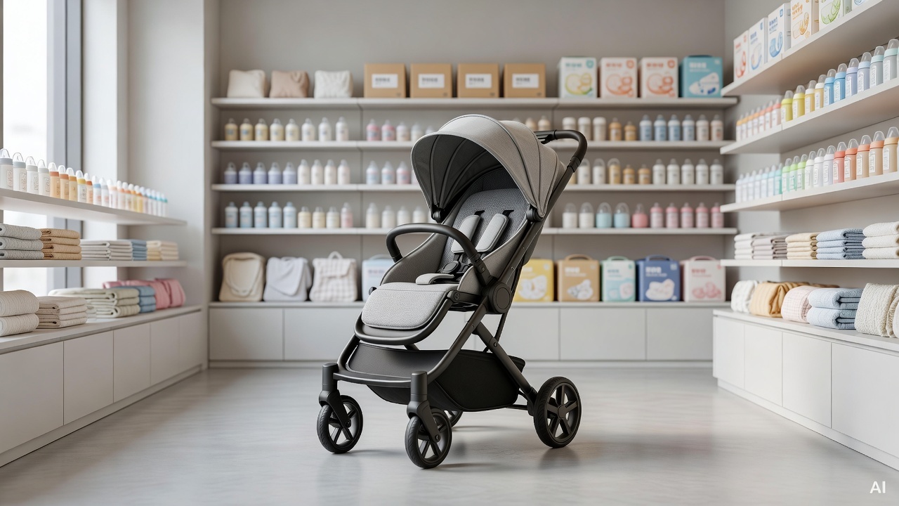 baby stroller displayed in a bright minimalist baby gear store with white shelves