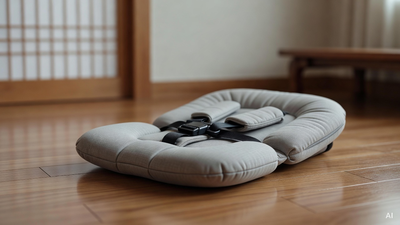 close-up of a baby stroller seat cushion and harness buckle on a wooden floor