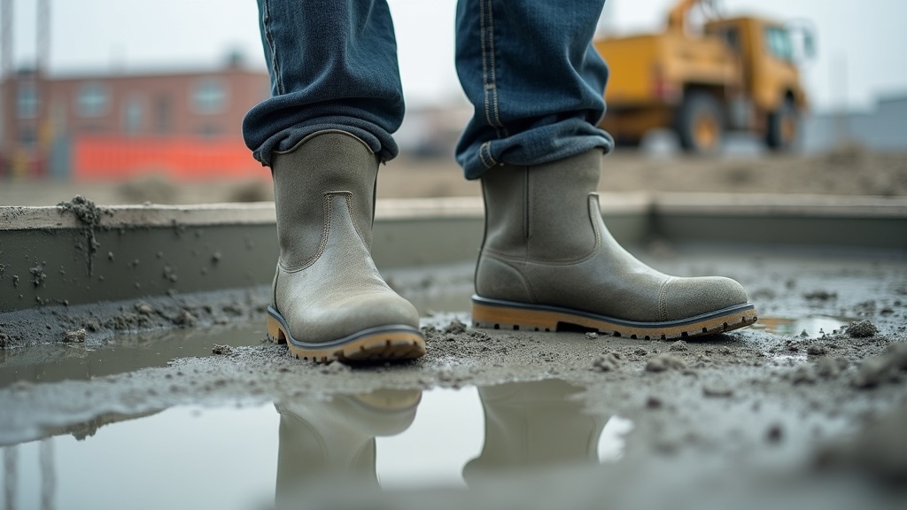 Trabajador en concreto fresco con botas altas de seguridad