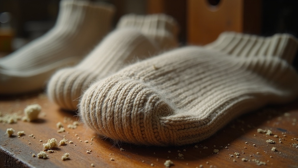 Close-up of merino wool fiber crimp structure in a work sock