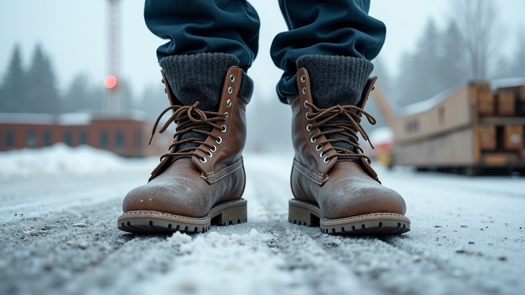 Thick wool winter work socks worn over insulated work boots on a frozen job site
