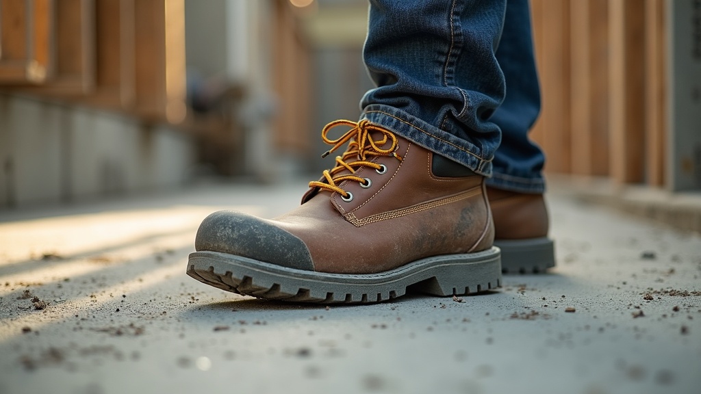 Pie con bota de trabajo en piso de concreto en obra