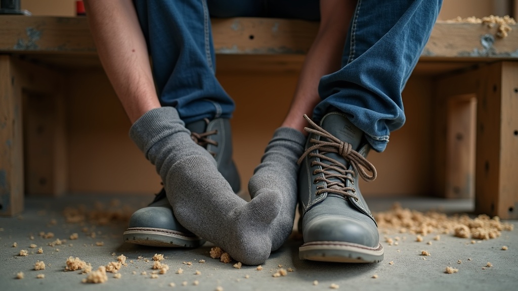 Worker removing merino wool work sock after long shift showing dry foot