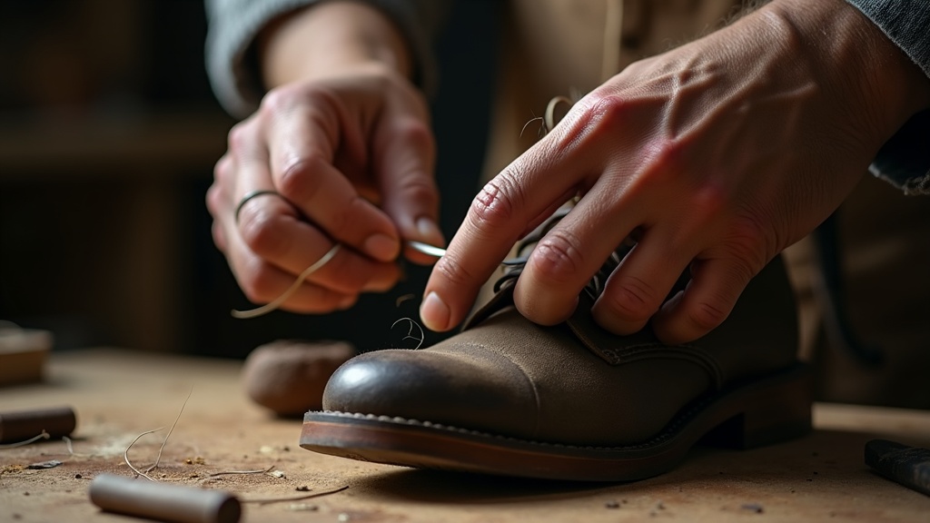 Zapatero reparando la costura de welt de una bota de trabajo de cuero