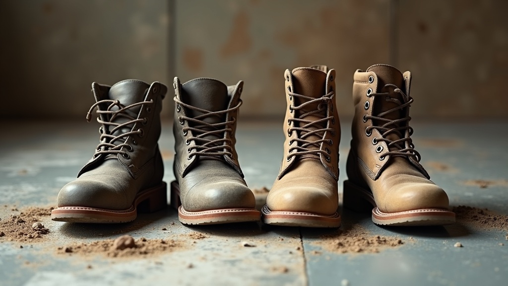 Botas de trabajo desgastadas por falta de mantenimiento junto a un par nuevo
