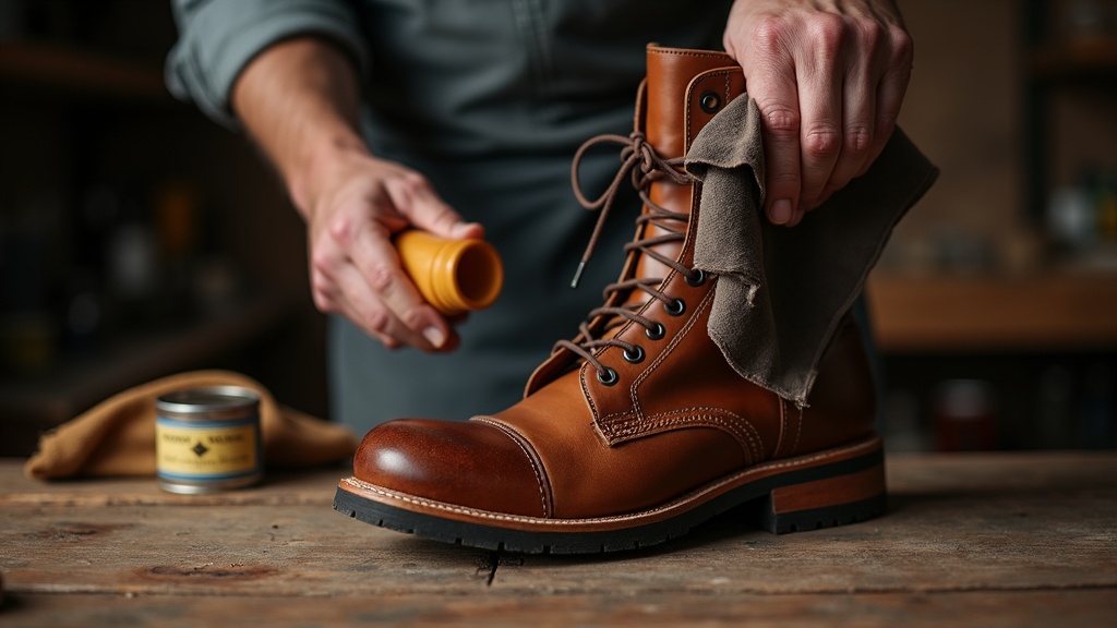 Aplicación de acondicionador de cuero en bota de trabajo con un paño