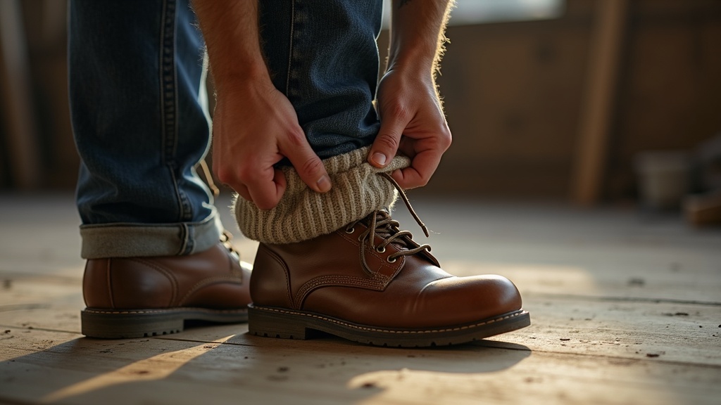 Worker pulling on wool work sock before a long shift