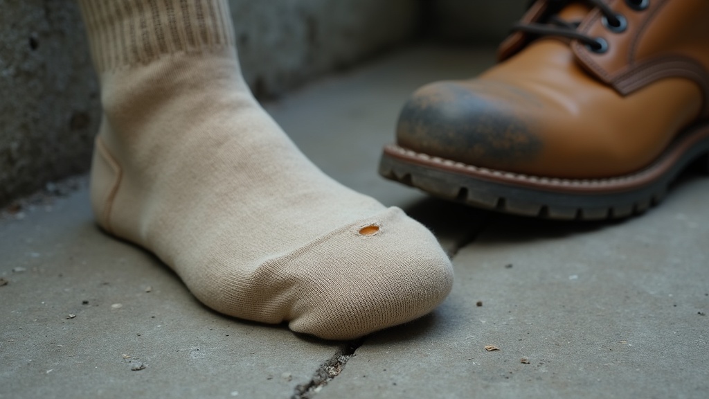 Worn cotton work sock with hole at the heel on a concrete floor