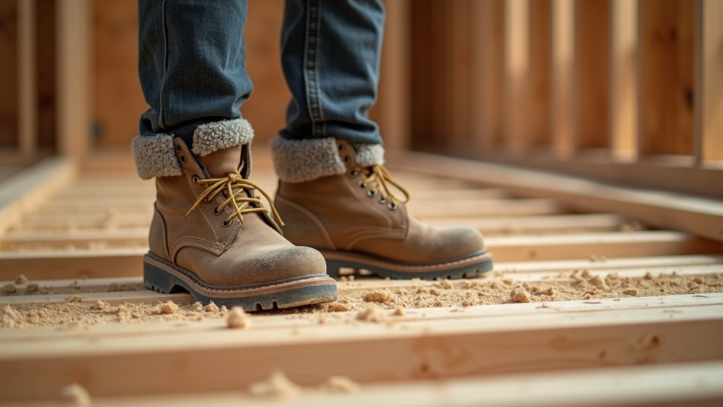 Construction worker on framing site with wool work socks visible above boot cuff