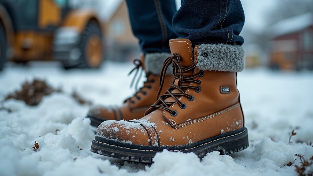 Wool work socks being pulled into steel-toe boots on a winter job site