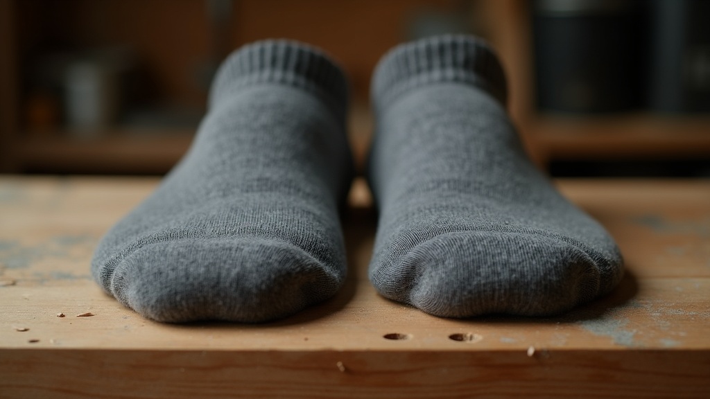 Merino wool work sock compared to thin cotton sock on a workbench