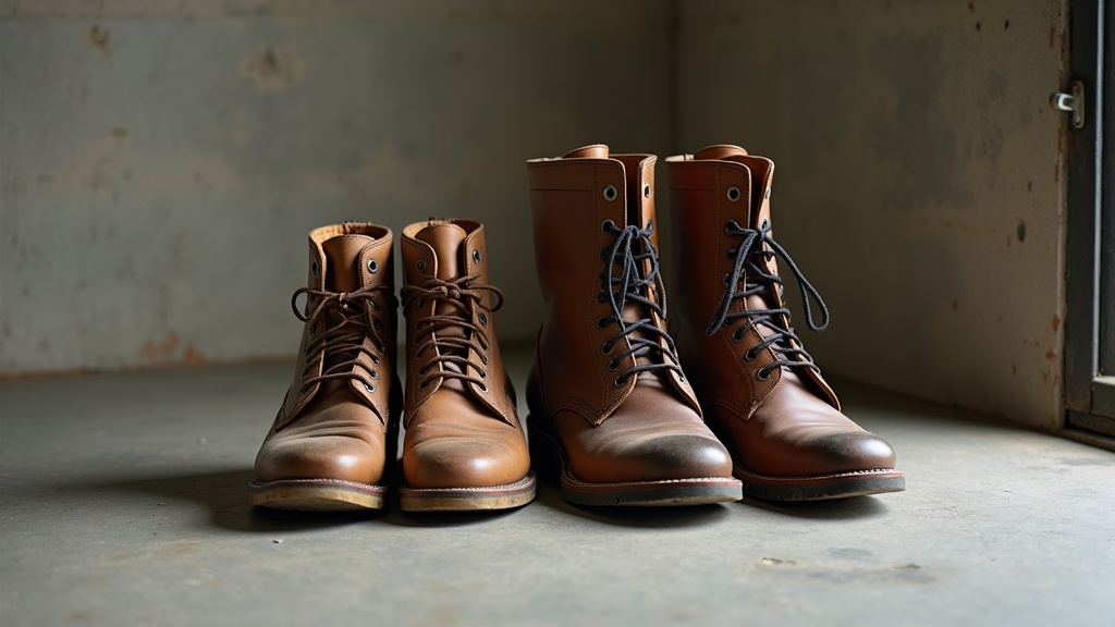 Work boots airing out with cedar inserts on garage floor