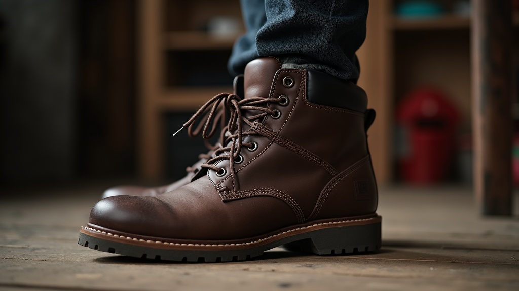 Worker putting on steel-toe boot with thick merino work sock