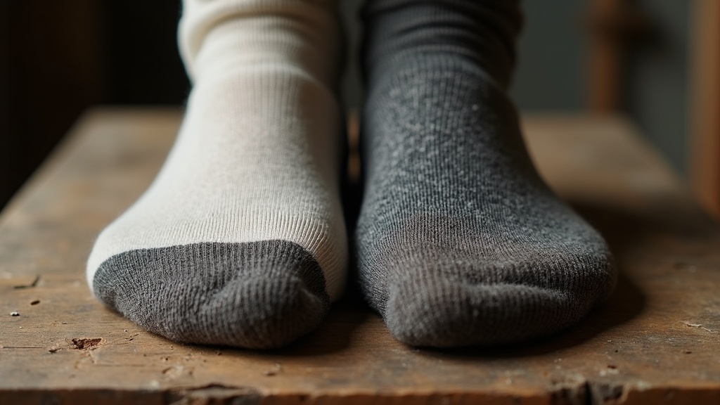 Worn polyester work sock next to a thick merino wool work sock